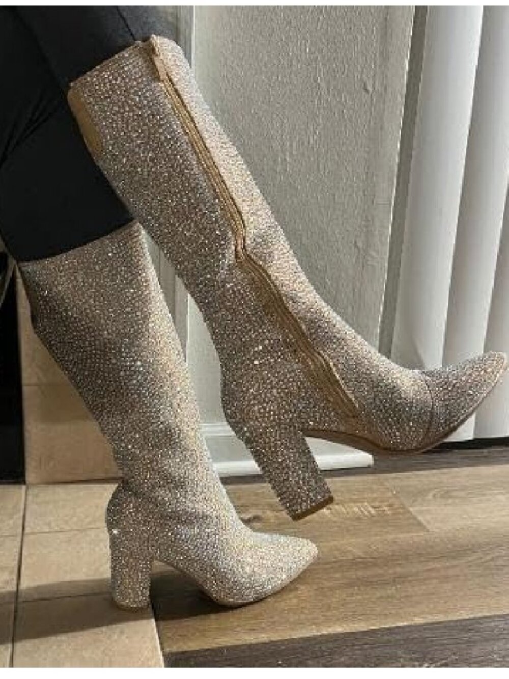 Forever Women Pointed Toe Rhinestone Block Medium Heel Knee High Boots Iceberg
